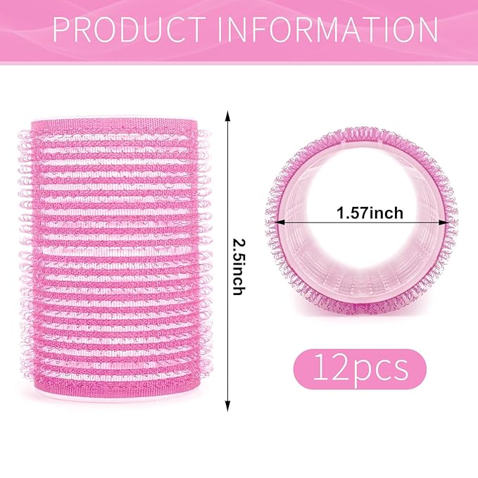 Hair Rollers, 12 Pack Self Grip Salon Hairdressing Curlers, DIY Curly Hairstyle, Large Rollers 1.57In Pink