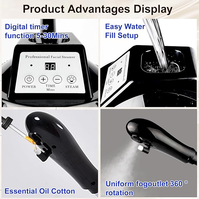 Professional Facial Steamer for Deep Hydration,Ozone Face Steamer with More Steam,Estheticians Steamer on Wheels with Time Setting,Adjustable Height Suitable for Beauty, Spa and Home Use
