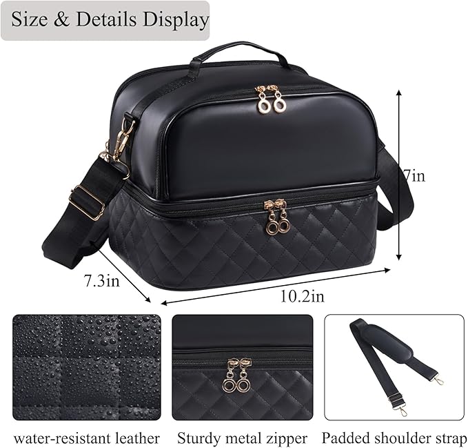 CTWWFS Nail Polish Organizer Holds 35 Bottles & Nail Lamp, Nail Organizers and Storage, Double Layer Nail Bag with Handle & Shoulder Strap for Travel, Nail Supplies Organizer for Manicure Kit (Black)