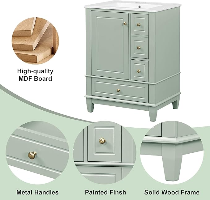 Harper & Bright Designs 24" Bathroom Vanity with Sink, Free Standing Single Vanity Set with 3 Drawers and One Door with Storage Racks, Storage Cabinet with Ceramic Basin for Bathroom, Light Green