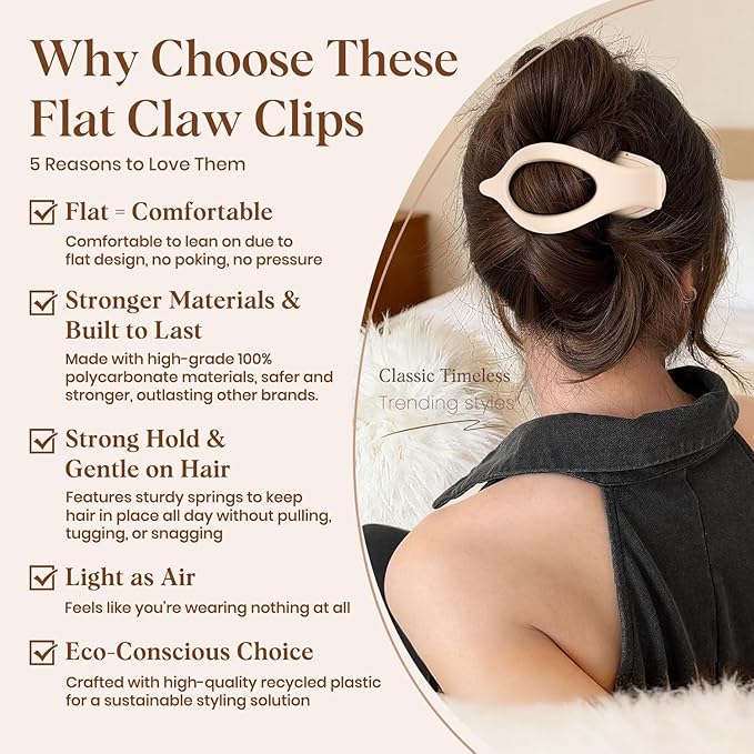 6 PCS Large Flat Hair Clips for Women Girls, French Concord Lay Down Flat Claw Clips for Thick Thin Hair, Comfortable Curved Hair Clip, Matte Non-slip Strong Hold Hair Accessories, Neutral