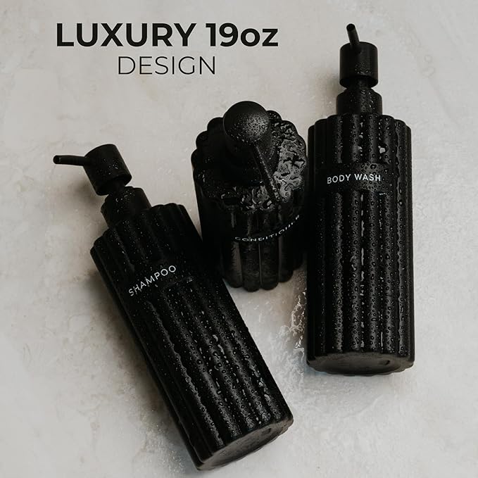 Stylish Shampoo and Conditioner Dispenser Set of 3 - Modern 19oz Shower Soap Bottles with Pump and Labels - Easy to Refill Body Wash Dispensers for an Instant Bathroom Decor Upgrade