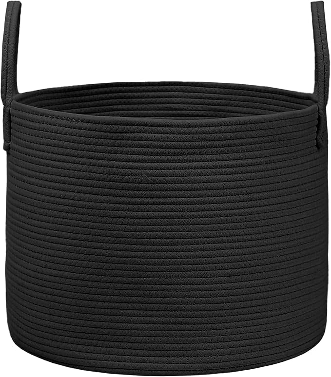 115L Extra Large Blanket Basket for Living Room - Woven Cotton Rope Laundry Hamper with Reinforced Handles - Storage Bin for Pillows, Comforters & Toys - Machine Washable,Black
