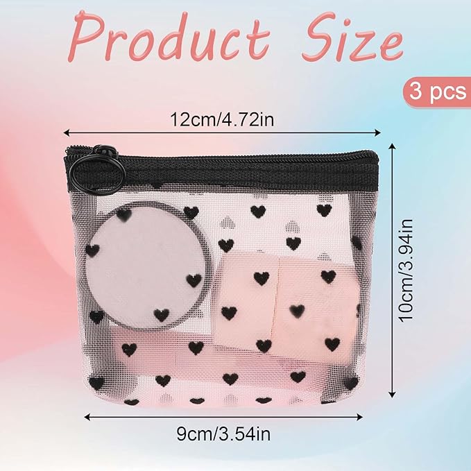 3Pcs Mini Cosmetic Bags, Heart Print Mesh Zipper Bags, Lipstick Accessories Organizer, Makeup Bag for Women, Small Purse Bag, 3 Colors