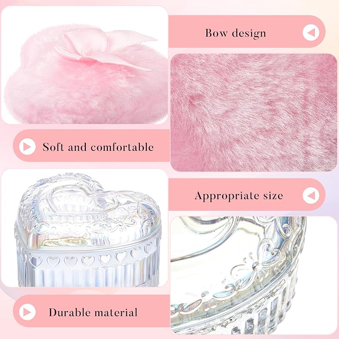 Tioncy 3 Pcs Large Body Powder Puff and Container Valentine's Day gift Powder Container with Puff Crystal Case Soft Washable Reusable Velour Face Body Glitter Wet Dry Makeup(Heart,Glitter)