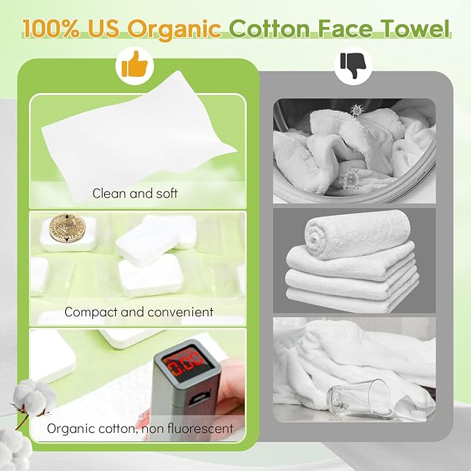Classycoo Compressed Towel- Pure Cotton Disposable Face Towel, Mini Ultra-Soft Coin Portable Tissue Cleansing Camping Tablet for Travel, Hiking, Beauty, Sport, Hand Wipes, Outdoor,Green