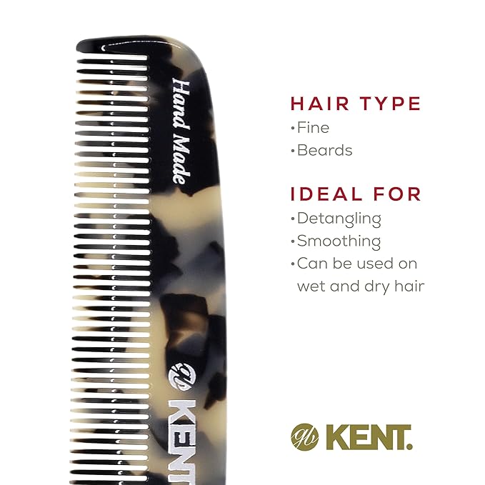 Kent 7T TW Handmade All Fine Tooth Pocket Comb for Men, Hair Comb Straightener for Everyday Grooming Styling Hair, Mustache and Beard, Use Dry or with Balms, Saw Cut and Hand Polished, Made in England
