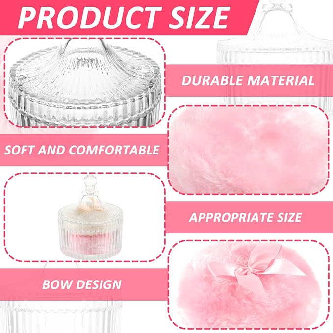 3 PCS Large Body Powder Puff and Container Powder Container with 2 Pcs 3.54 Inch Puff Soft Velour Reusable Washable Crystal Case Valentine's Day Gift for Face Body Glitter Makeup Wet Dry Use