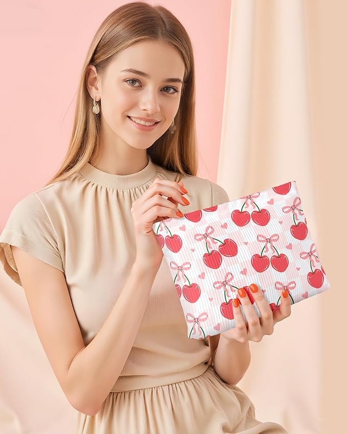 Cute Red Plaid Cherry Bow Knot Makeup Pouch for Women Small Make Up Check Cherries Bows Bag for Purse Zipper Initial Makeup Cosmetic Bags Pouches for Purse Aesthetic Travel Toiletry Bags