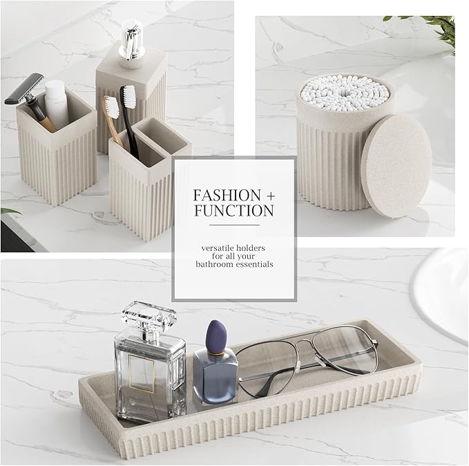 6-Piece Beige Bathroom Set - Sleek Resin Bathroom Accessories Set with Soap Dispenser, Toothbrush Holder, Vanity Tray, Tumbler & Apothecary Jars for Small Spaces