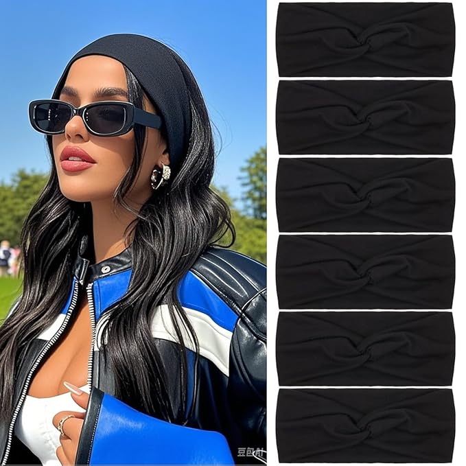 Kachanaa 6 Pack Black Fashion Non-slip Headbands for Women Knot Hair Band Scarf Turban for Yoga Outdoor Sport Sweat Wicking for Girls