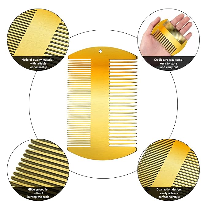Boao 2 Pcs Metal Hair Combs for Women Men Stainless Steel Beard Mustache Comb Credit Card Size Lice Wallet Pocket Fine Cutting Teasing Barber Hair Styling Dandruff Remove Dreadlock(Gold)
