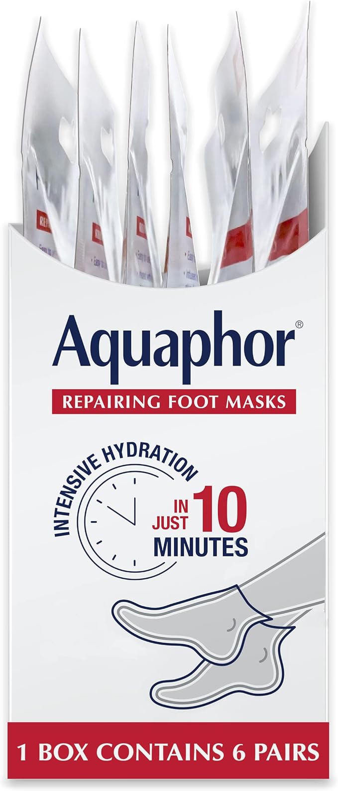 Aquaphor Repairing Foot Masks, Moisturizing Socks for Dry Feet, Hydrating Foot Care Treatment with Avocado Oil and Shea Butter, Pack of 6