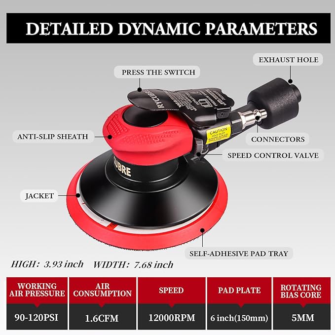 Air Sander with vacuum – 6 Inch DA Palm Sander for auto body, High-Speed Random Orbital Pneumatic Sander for Woodworking & Auto Polishing (including 12 sandpaper + accessories)