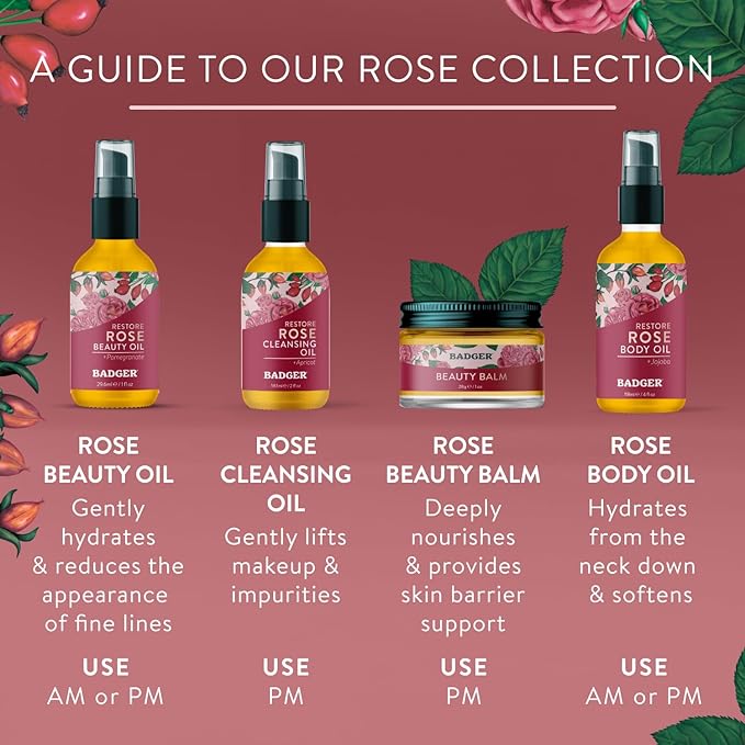 Badger Rose Body Oil, 100% Organic Rose Scented Body Oil, All Natural Body Moisturizer, Organic Jojoba & Rose Oils Soothe Dry Skin, 4 fl oz Glass Bottle