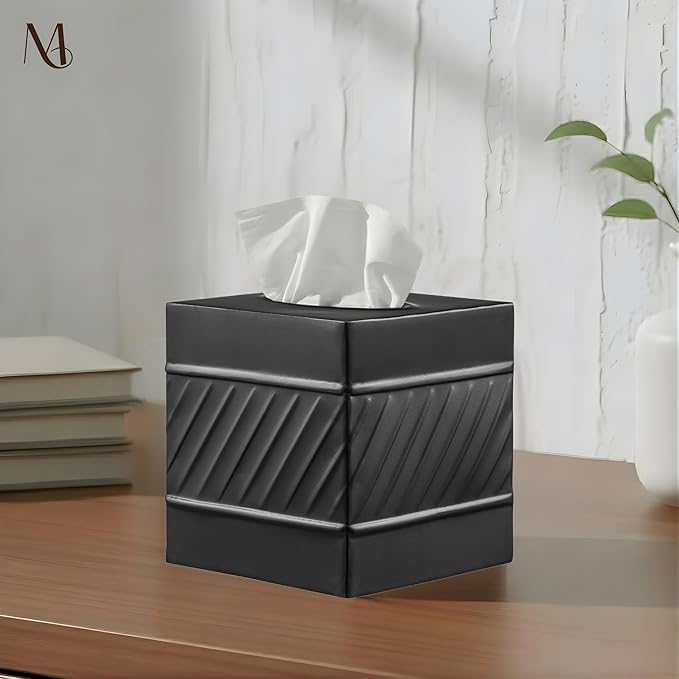 Monarch Abode Tissue Box Cover Square – Handcrafted Wave Embossed Black Metal Tissue Holder Box for Bathroom Accessory, Aesthetic Decorative Facial Napkin Cube for Modern Home Decor