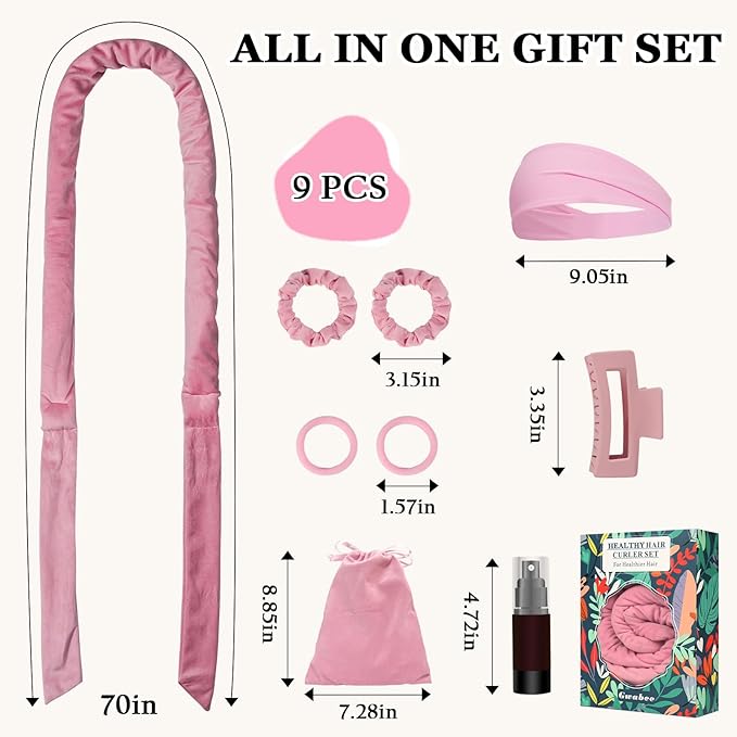 Soft Overnight Curl Headband, 70" Hair Curlers Ribbon Wrap for Long Hair with 9 PCS Rods and Yoga Strap - Pink