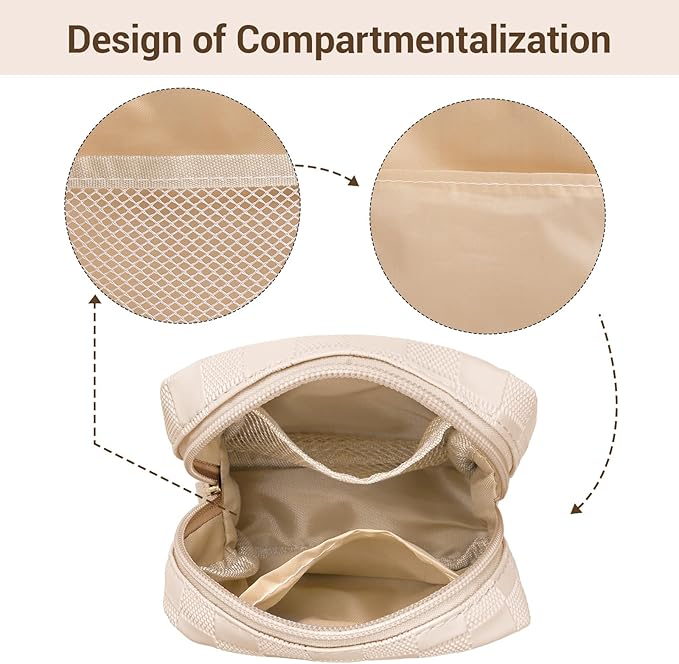 MAGEFY Small Makeup Bag for Purse, Checkered Makeup Bag Small Pouches for purse Leather Mini Make Up Bag Cute Cosmetic Bag for Women with Slip-in Pockets.Beige