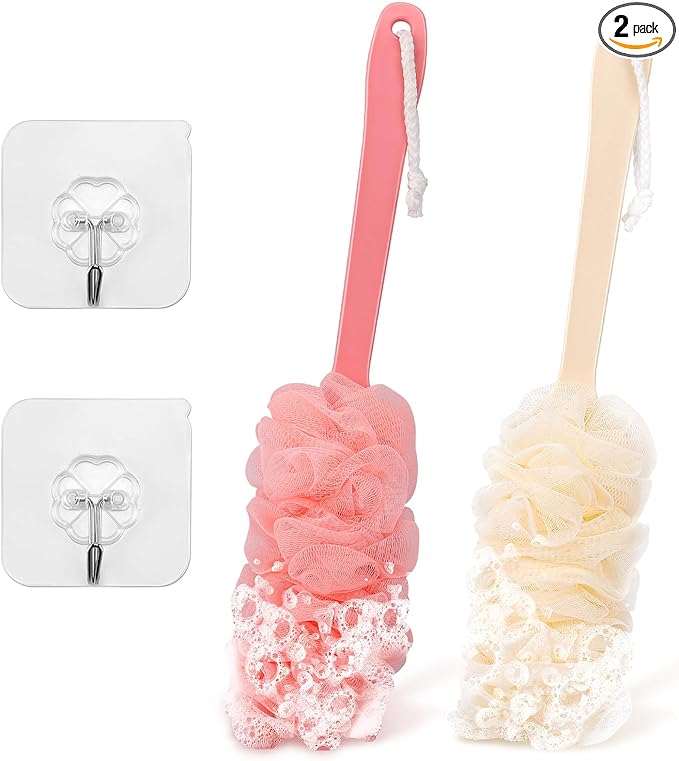 2Pack Back Scrubber for Shower Loofah with Long Handle, Shower Brush for Body, 17″ Loofah on a Stick for Men Women Bathing Accessories, Scrubber Sponge for Exfoliating Bath Brushes (Beige & Pink)