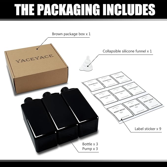 Black Shampoo Dispenser with Pump,YACEYACE 16.9oz Set of 3 Shampoo Bottles with Labels, Empty Refillable Shampoo and Conditioner Bottles, Body Wash Dispenser for Shower, Soap Dispenser Shower