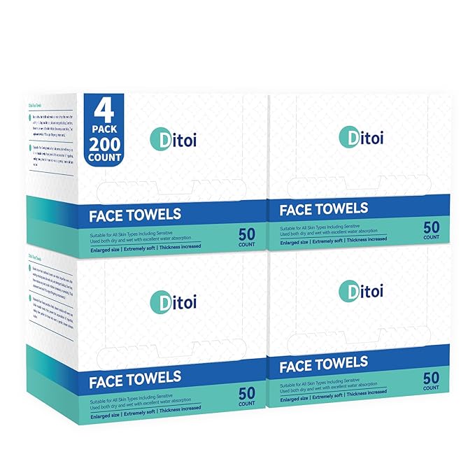 Ditoi Disposable Face Towels XL, Soft Cotton Facial Cleansing Cloths, Dry Face Towelettes for Makeup Removal, Sensitive Skin & Daily Skin Care,10"×12", 200 Count (4 Pack)
