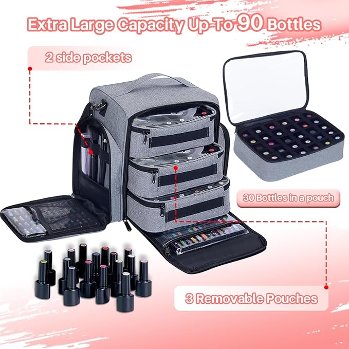 Nail Polish Organizer Storage Box, Holds 90 Bottles of Nail Polish, Portable Travel Case with 3 Separate Storage Bags, Can Be Used for Nail Art Supplies, Manicurists, etc Grey