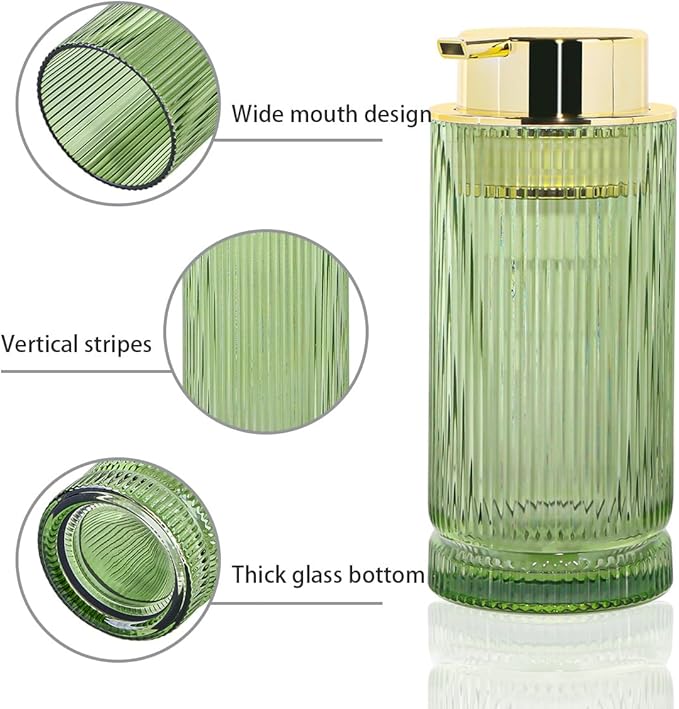 14 Oz Foaming Soap Dispenser, Green Glass Soap Dispenser, Refillable Foam Pump Bottle Lotion Container with Gold Pump, Decorative Slim Ribbed Bottle for Bathroom and Kitchen Decor