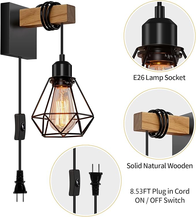 Plug in Wall Sconces Set of Two, Wall Sconce with 8.53FT Switched Power Cord, Rustic Vintage Wall Lights for Bedroom, Bathroom, Entryway, Living Room, Bedroom
