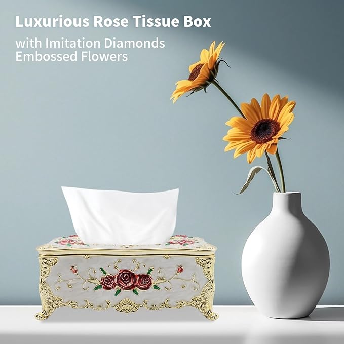9.45"x5.43"x3.94" Luxurious Rose Tissue Box with Imitation Diamonds, Embossed Flowers, Elegant Tissue Paper Holders for Home Toilet Bath Hotel,Gold-White-red