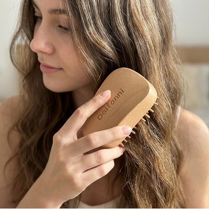 Natural Wooden Hair Brush with Bamboo Pins - No Handle Scalp Massager for Hair Growth & Detangling, Small Mini Portable Hairbrush for All Hair Types, Women Men Travel Gift (Rectangular)