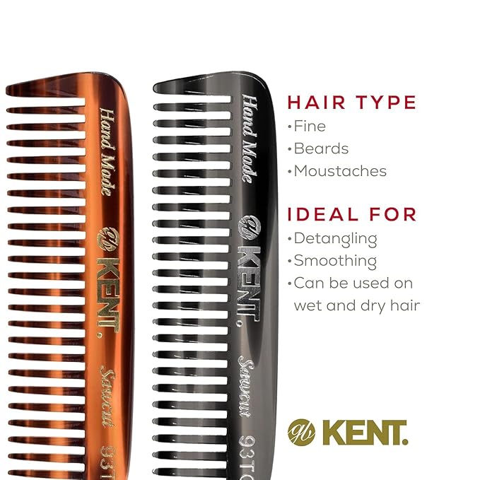 Kent 93T-93T G Wide Tooth Small Comb for Men's Mustache and Beard Grooming, Pocket Sized Detangler Travel Comb, Saw-Cut and Polished, Handmade in England