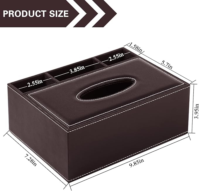 PU Leather Rectangular Tissue Box Cover - Multifunctional Tissue Box Holder with Stationery Remote Control Box, Decorative Tissue Pen Remote Organizer for Home/Office/Restaurant (Brown)