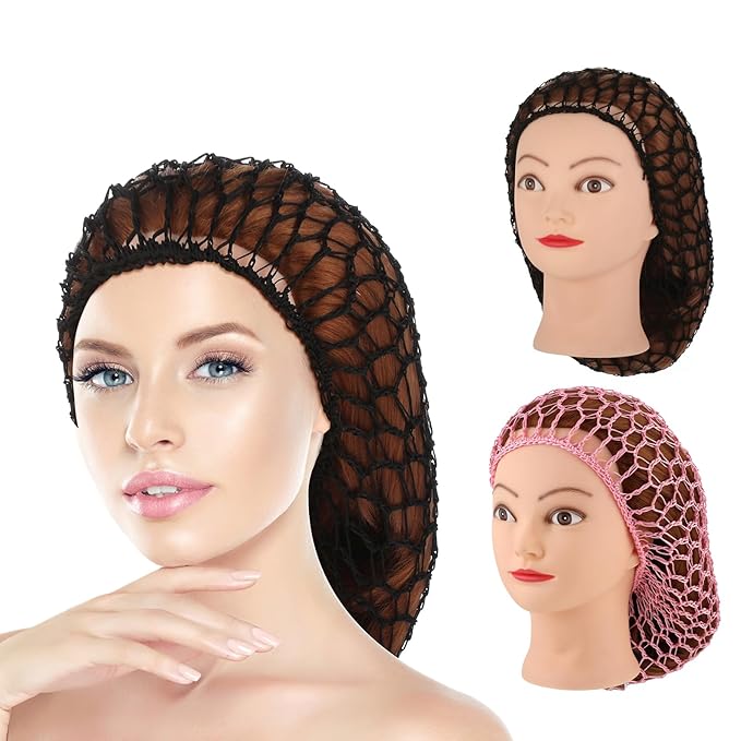 Mesh Hair Net Rayon Knit Snood Hat Crochet Wraps Sleep Cap Soft Hairnet Large Cover Ornament Accessory (Black+Pink)
