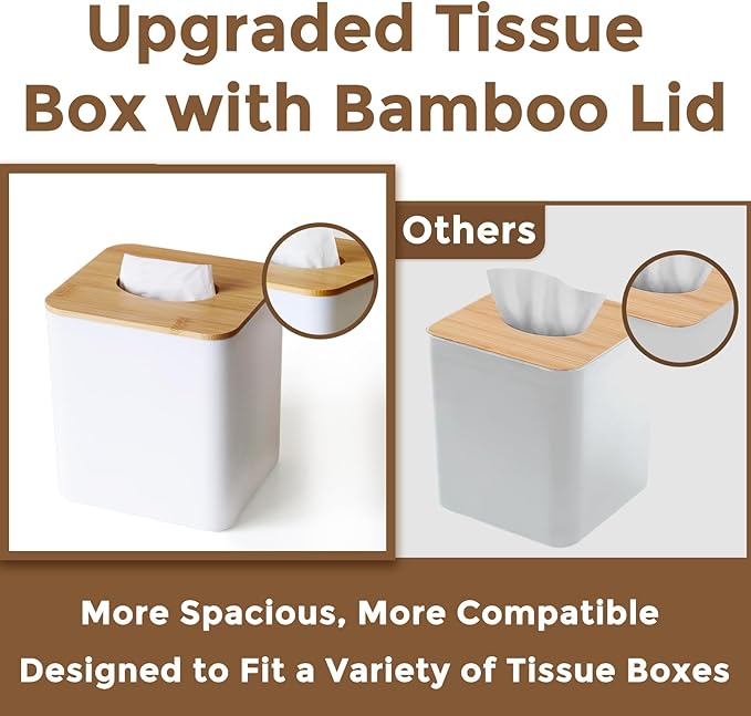 White Tissue Box Cover, Square Tissue Box Holder with Bamboo Cover Plate, Cube Tissue Box Cover for Desk Accessories, Decorative Tissue Box Tissue Holder for Bathroom Office