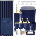 Bathroom Set with Shower Curtain and Rugs- 25PC Blue Bathroom Accessory Set, Navy Blue Shower Curtain Set, Toilet Brush, Trash Can, Qtip Holder & Soap Dispenser