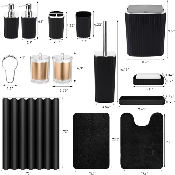 Bathroom Set with Shower Curtain and Rugs- 25PC Bathroom Accessory Set, Black Bathroom Set, Toilet Brush, Trash Can, Qtip Holder & Soap Dispenser