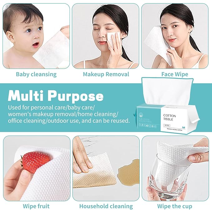 Disposable Face Towel 600 Count, Soft Cotton Facial Dry Wipes, Multi-Purpose for Skin Care, Makeup Remover, Face Wipes and Facial Cleansing