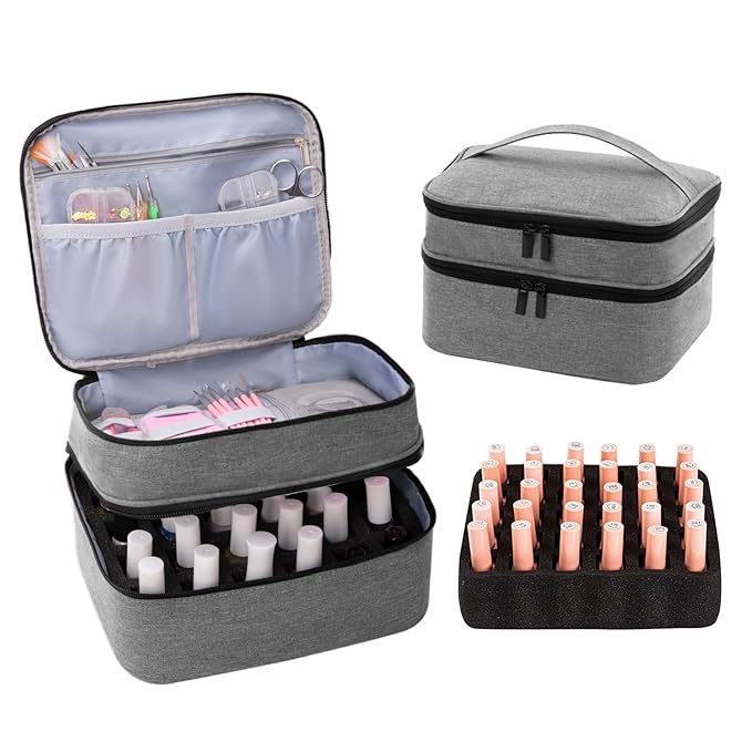 Travel Nail Polish Organizer Double Layer Carrying Case for Fingernail Polish, Holds 30 Bottles with Dividers Portable Large Storage Case for Gel Nail Polish Holder, Grey (BAG ONLY)