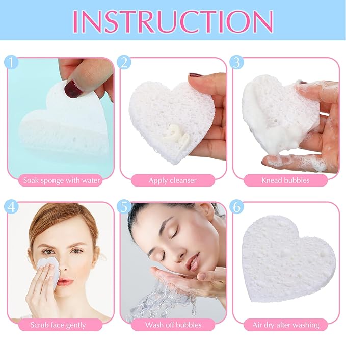 Nuenen 60 Pieces Facial Sponges with Container, Heart Shape Compressed Face Sponges Natural Cleaning Pads for Washing Face Cleaning Exfoliating Esthetician Makeup Removal(White)