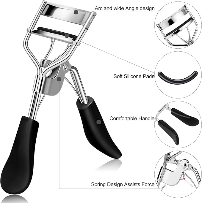 Eyelash Curler with Comb and Brush Fit All Eye Shape Curved Eyelash Curlers with 5PCS Silicone Refill Pad,Natural and Long Lasting Lash Curler for Women Make Up Gift(Black)