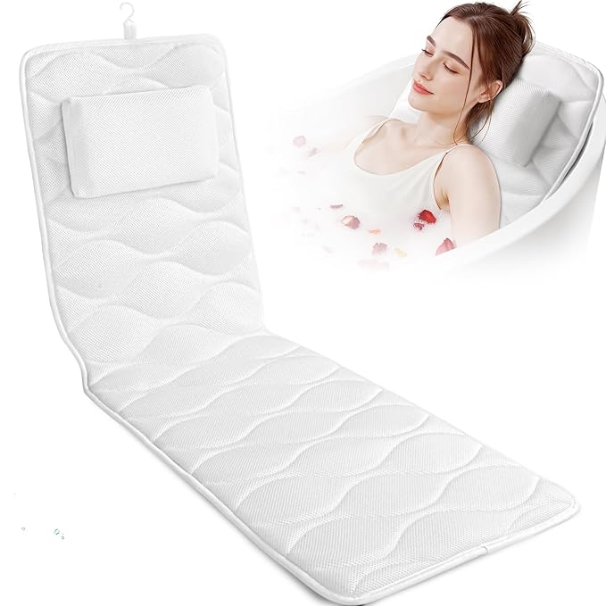 Bath Pillow for Tub with Laundry Bag & 17 Non-Slip Suction Cups, Extra Thick and Soft Bathtub Pillow for Head, Neck & Shoulder Support, 56" x 16" White