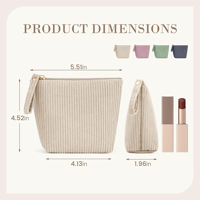 MAGEFY Mini Makeup Bag, Cute Small Makeup Bag for Purse Corduroy Cosmetic Bag for Women with Slip-in Pockets Travel Purse Essentials Lipstick Bag (Beige,Mini)