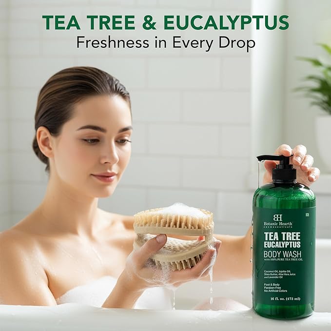 Botanic Hearth Tea Tree Eucalyptus Body Wash with Silicone Dual-Sided Design Body Brush & Scrubber | Infused with 100% Pure Tea Tree Oil, Coconut, Jojoba|Foot & Body Cleanser |Paraben Free |16 fl oz