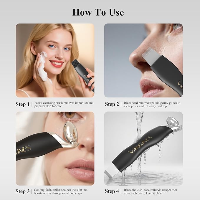 3-in-1 Blackhead Remover Tool with Ice Roller & 2 Silicone Brush Heads - Pore Cleaning Face Spatula, Stainless Steel Skin Scraper for Nose, T-Zone Deep Cleansing (Charcoal Black)
