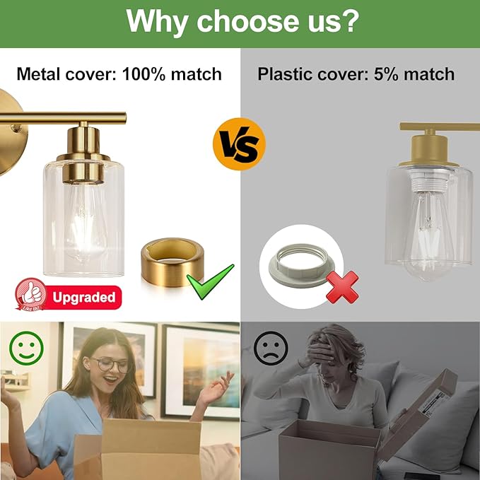 2-Light Bathroom Light Fixtures, Brushed Gold Vanity Light, Modern Vanity Lights with Clear Glass Shade, Bathroom Wall Lamp for Mirror Kitchen Living Room Hallway Cabinet Porch