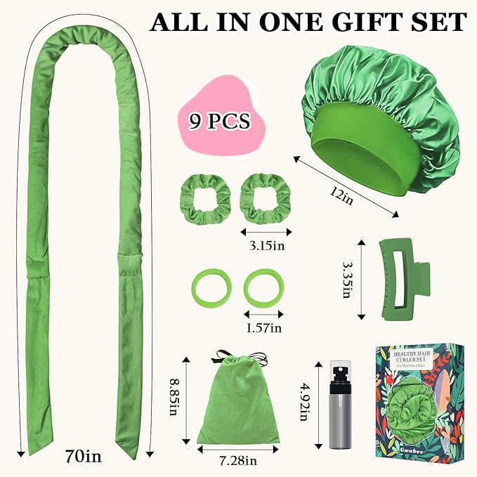Heatless Curls Overnight Hair Curlers to Sleep In, 9 PCS Velvet Heatless Hair Curler Overnight Curls for Women Long medium Hair Volumes, Heatless Curling Waves Set with Sleep Bonnet - Green