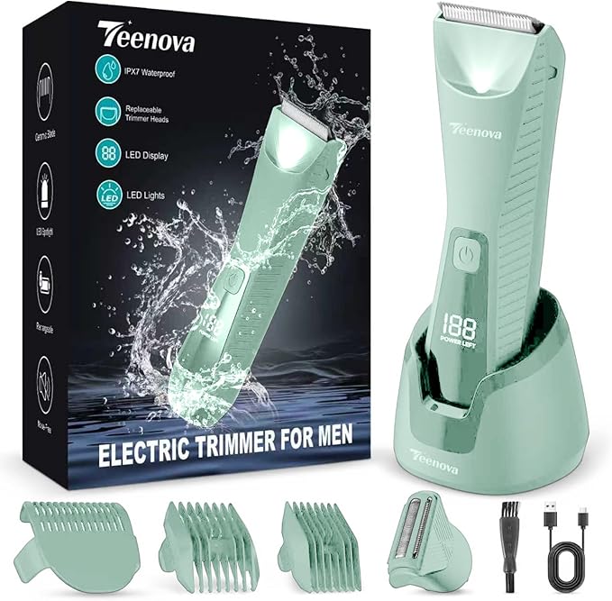 Pubic & Body Hair Trimmer for Men, 2 in 1 Electric Ball Groin Razor Shaver with Ceramic Blade, No Nick Mens Grooming Kits for Wet/Dry Use, Cordless Charging Groomer with Led Display, Green