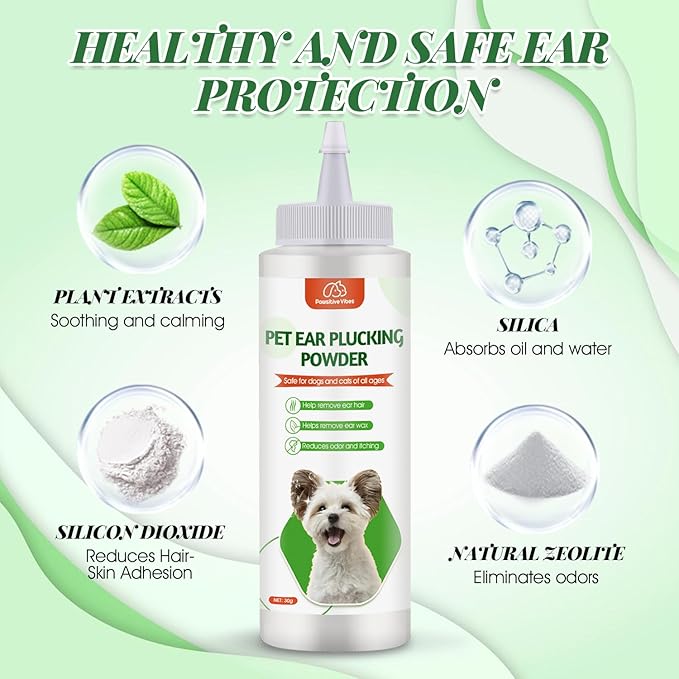 Pawsitive Vibes Dog Ear Powder Set, Dog Ear Powder for Hair Removal 30g, Dog Ear Infection Treatment, Removing Earwax and Odour, Relief of Itching. (Greener 2 pcs)