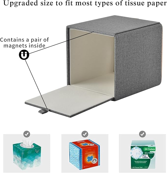 Linen Square Tissue Box Holder Cube Tissue Box Cover－Rosegold Leather Recorate,Napkin Holder Case Dispenser, Tissue Holders with Magnetic Bottom for Home Office Car Hotel Restaurant,Grey