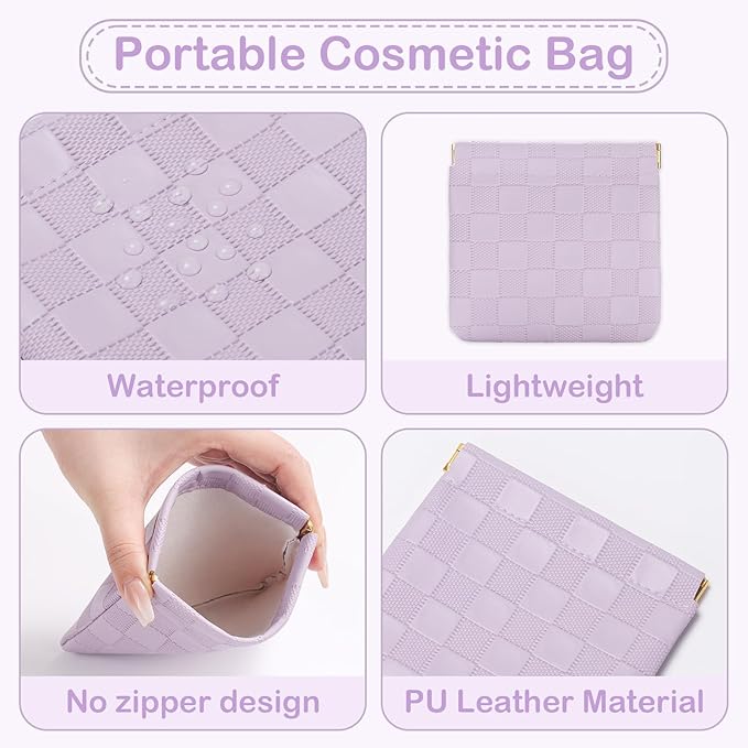 Sightor 2PCS Small Makeup Bag for Purse, Mini Cosmetic Bag Waterproof Pouch for Women, Checkered Purse Self-closing Coin Lipstick Small Leather Cosmetic Pouch (Pink, Purple)